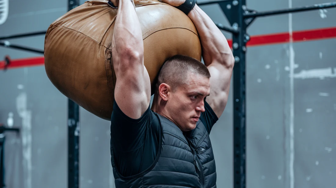 Athlete performing a sandbag clean and jerk