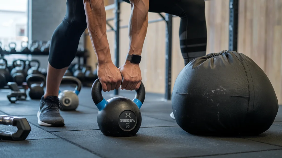 Kettlebell Seesaw Press and Sandbag Shoulder Squat exercises