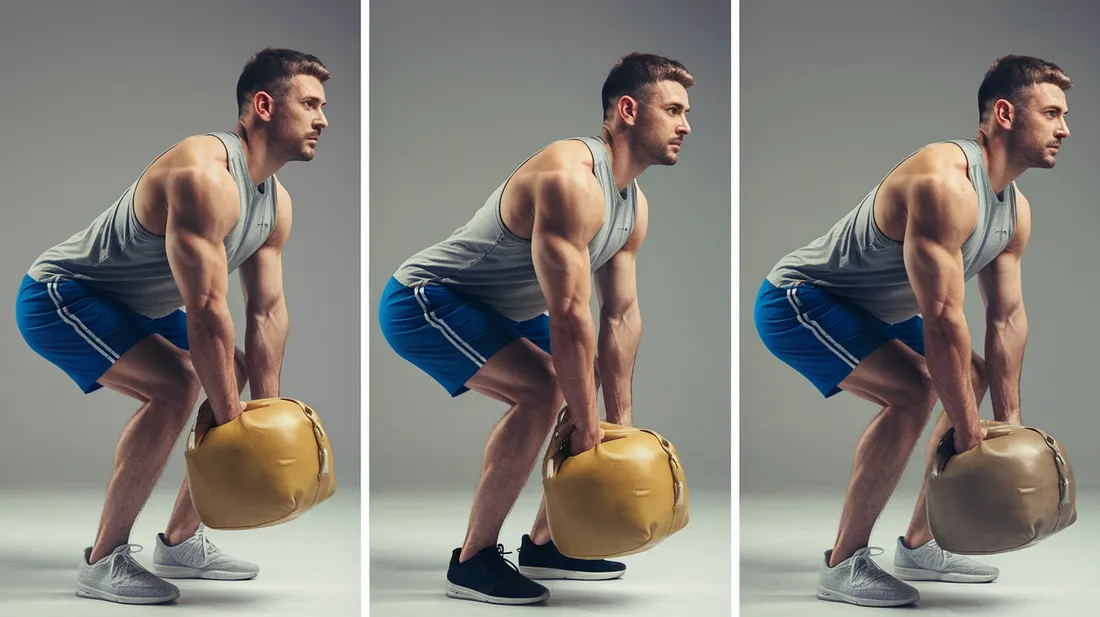 Three images showing progressive overload with sandbag squats, using increasingly heavier sandbags