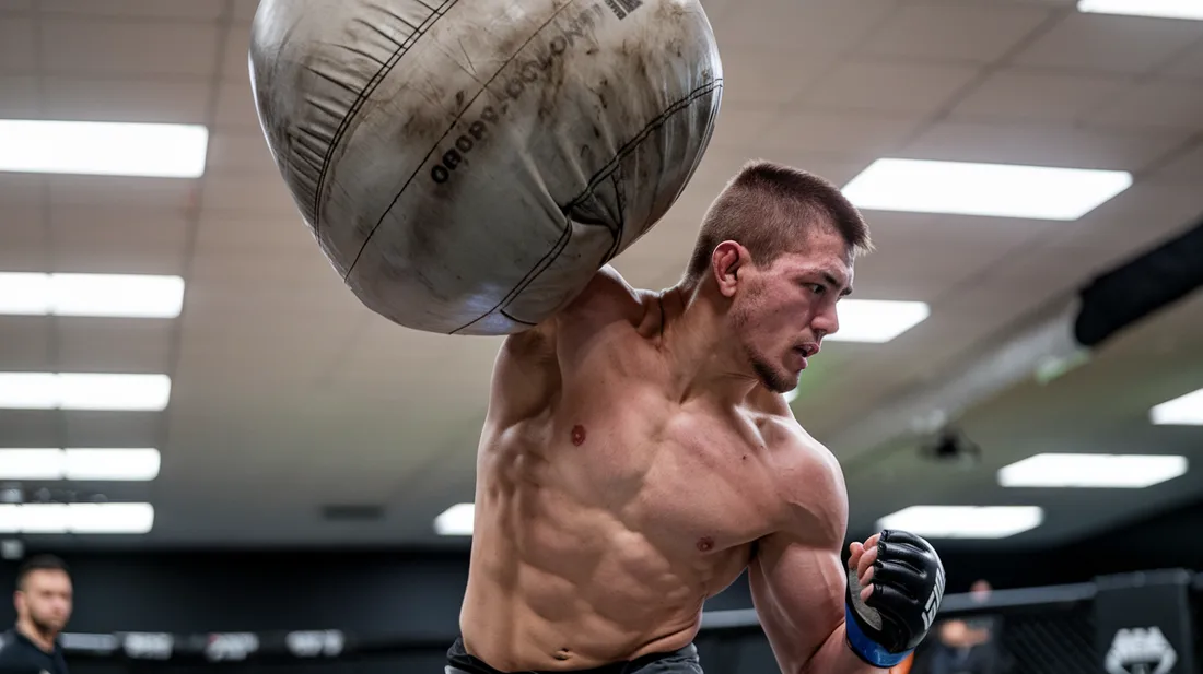 An MMA fighter delivering a forceful sandbag slam, showcasing the explosive power that is generated from sandbag training