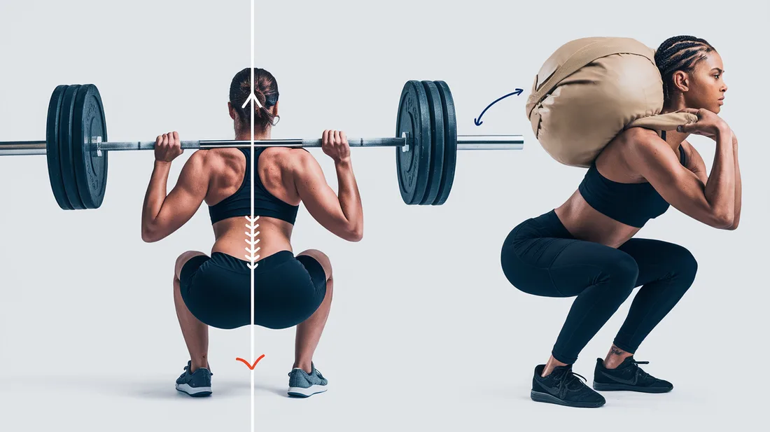 Comparison of back squat with barbell and front-loaded squat with sandbag, showing reduced spinal compression