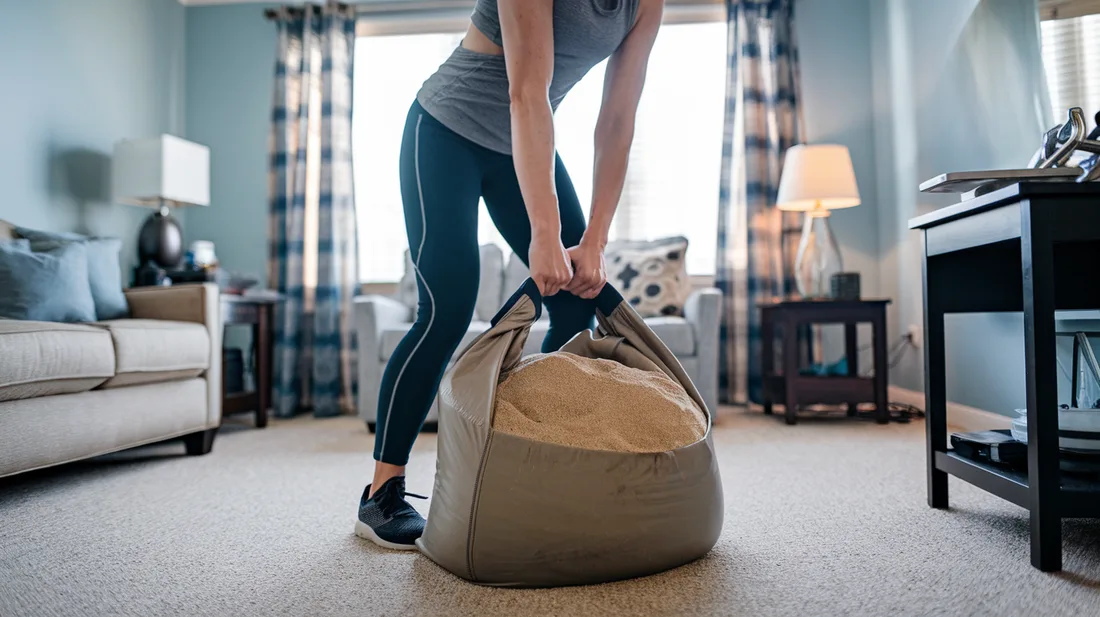 Person performing a sandbag exercise at home