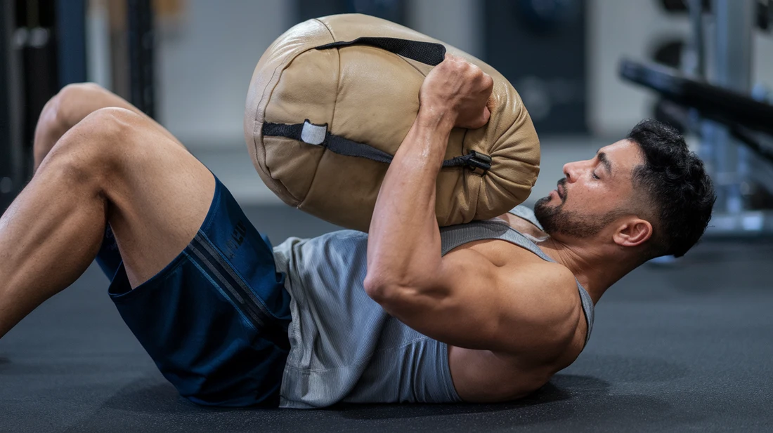 Engaging core muscles during sandbag exercise