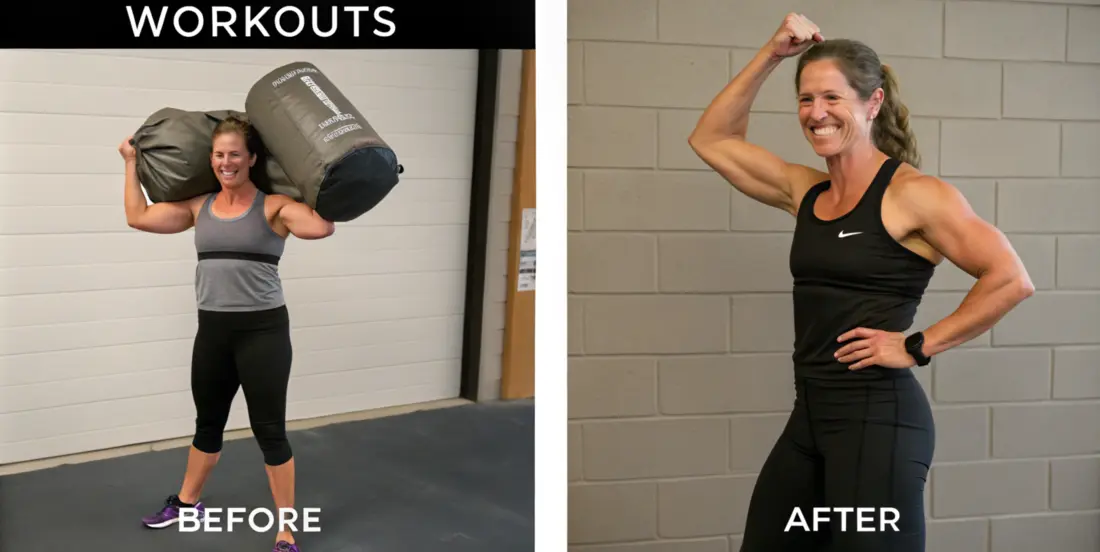 A before-and-after photo of a woman who achieved significant fitness results through sandbag training