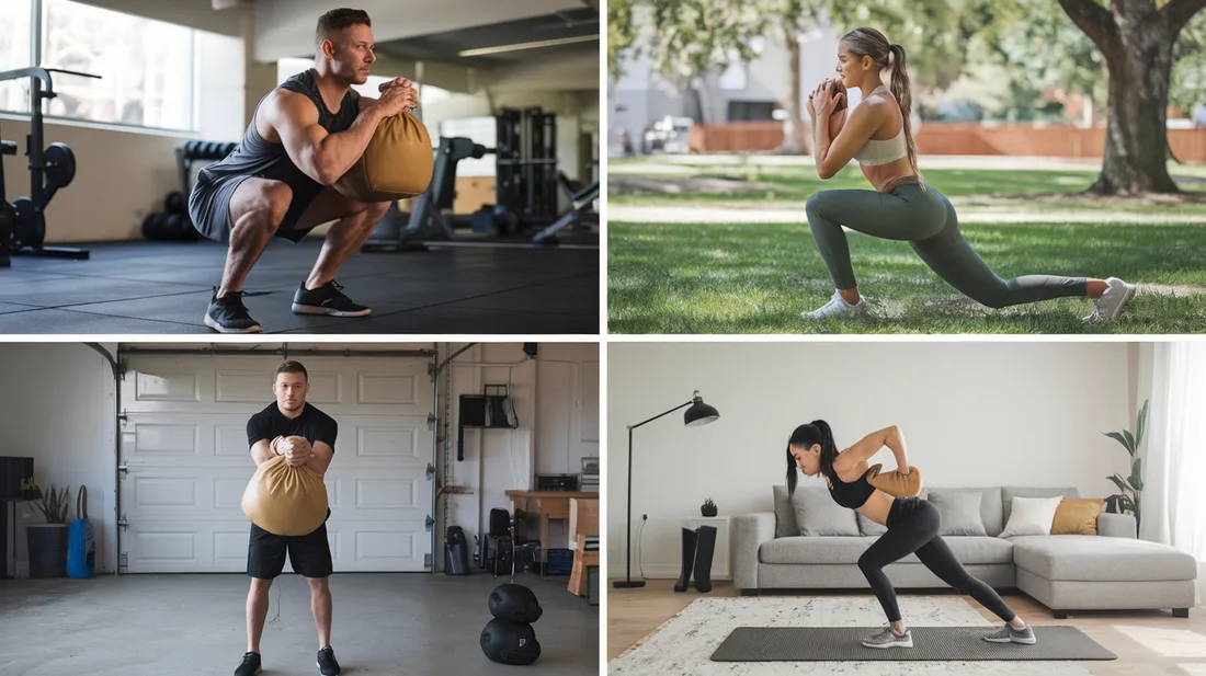 A variety of sandbag exercises targeting different muscle groups