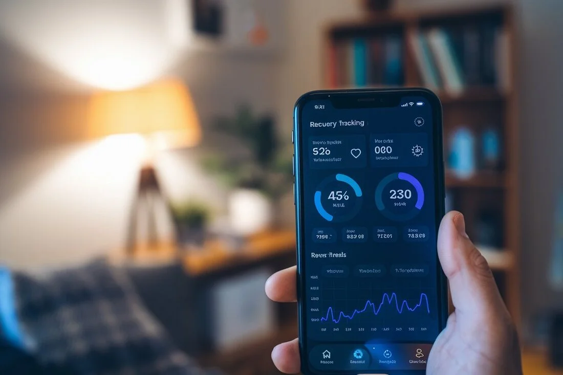 Screenshots of recovery tracking apps or wearable devices showing sleep quality, heart rate variability, and other recovery metrics