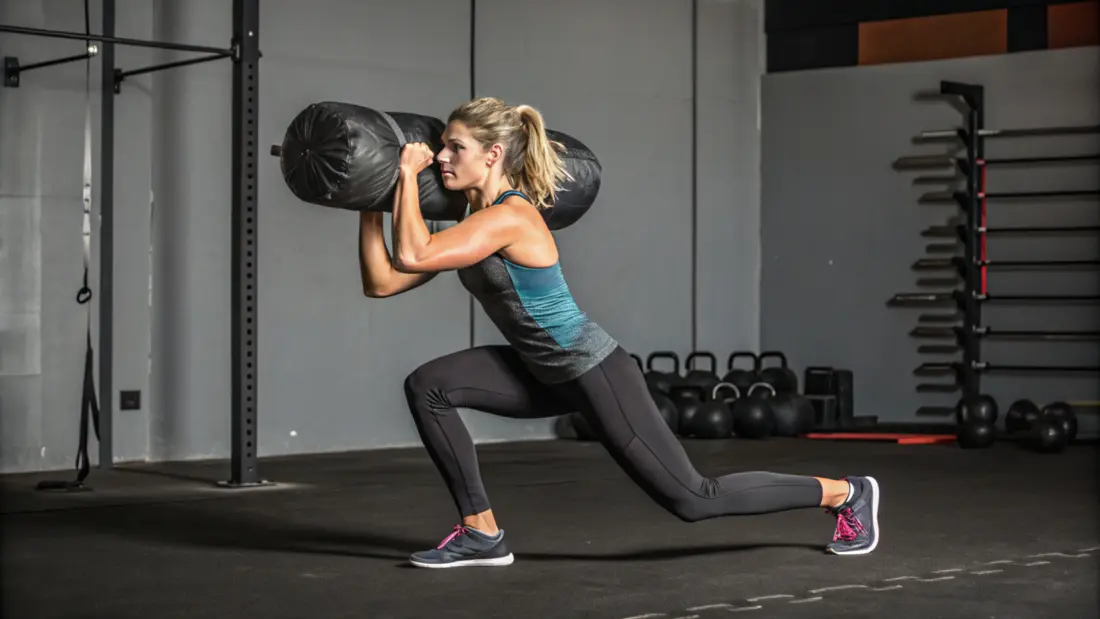 Woman performing a sandbag lunge, working her leg and glute muscles