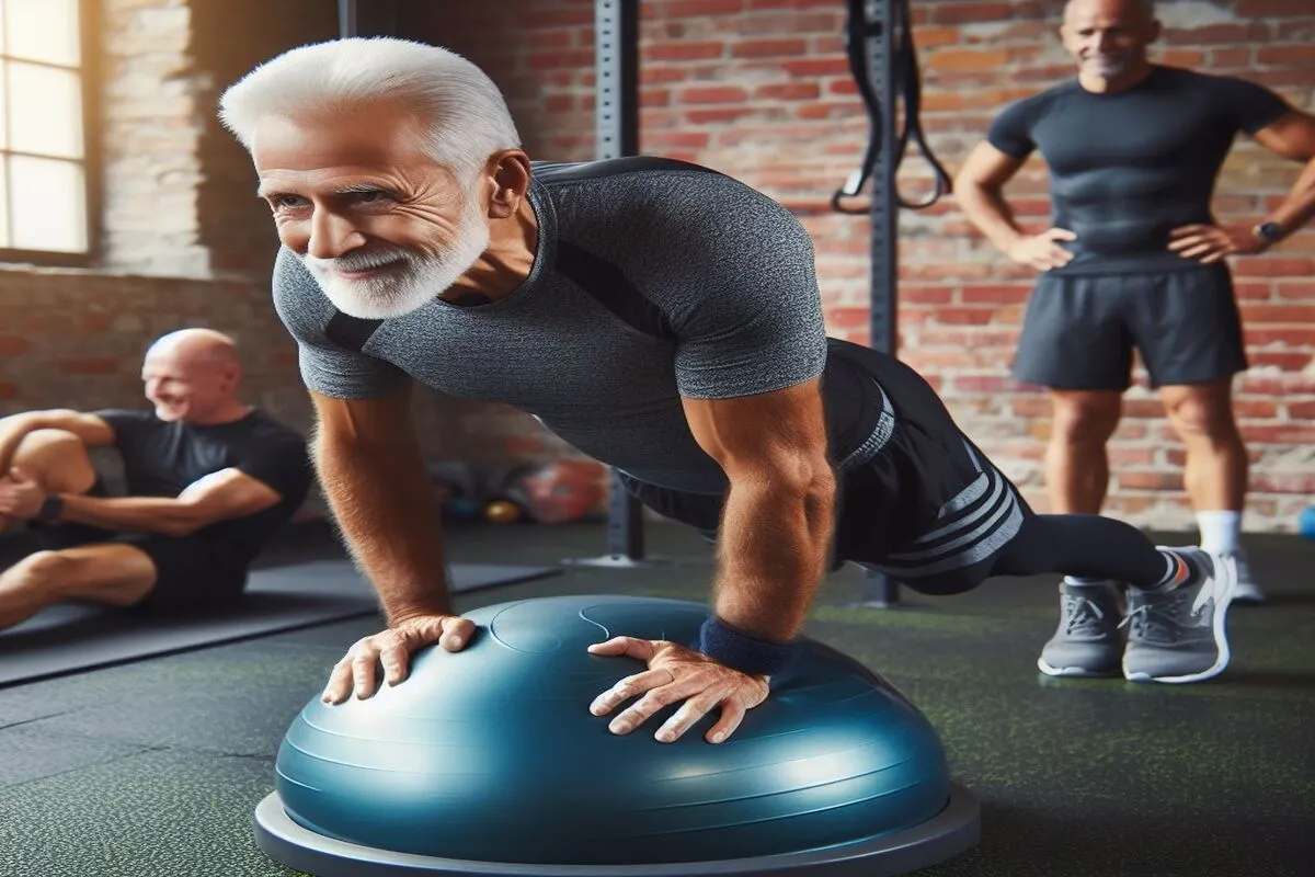 Senior doing pushup on a Bosuball