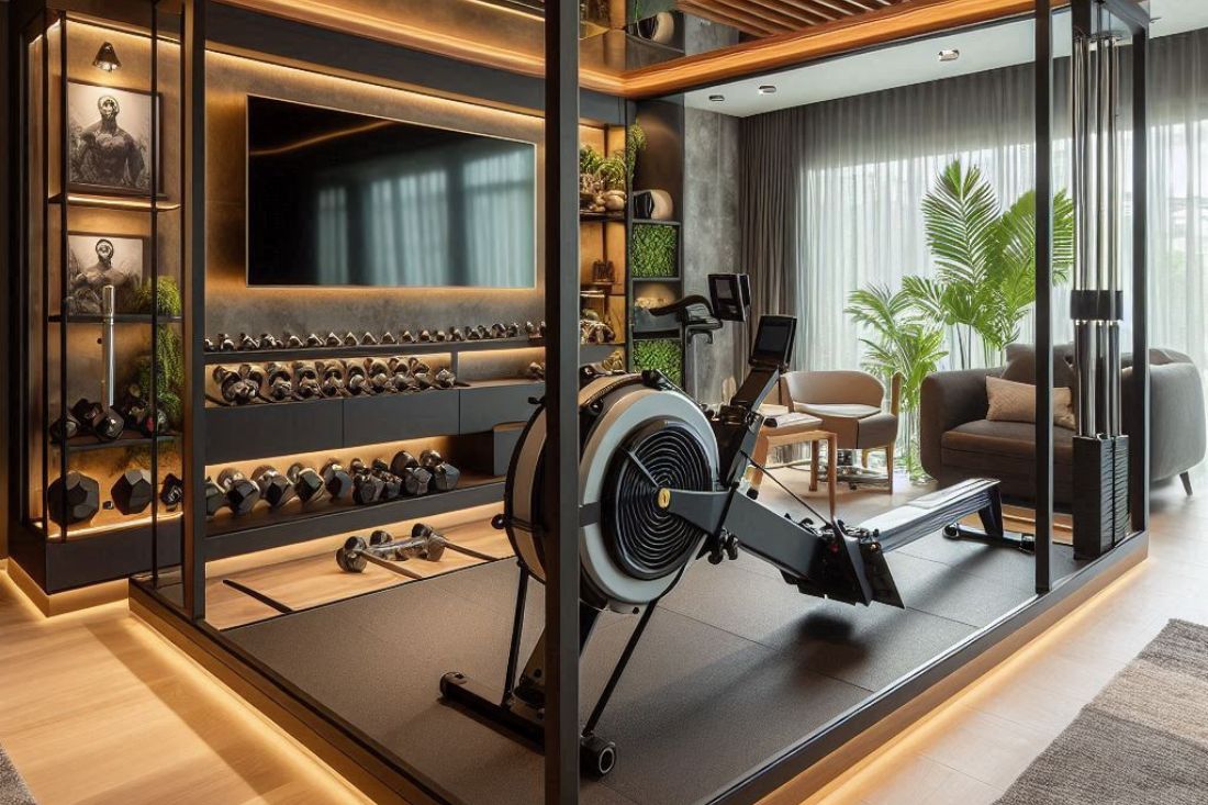 Showcase a rowing machine integrated into a home gym setup