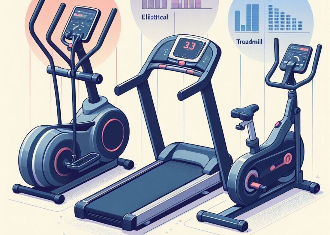 Showcasing an elliptical trainer, treadmill, and stationary bike