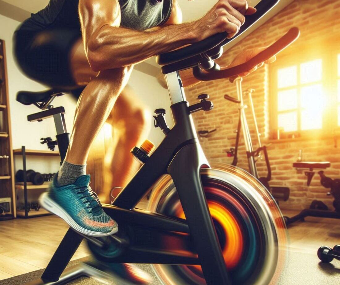 Showcasing someone using a spin bike in a home gym setting with a clear focus on high-intensity pedaling