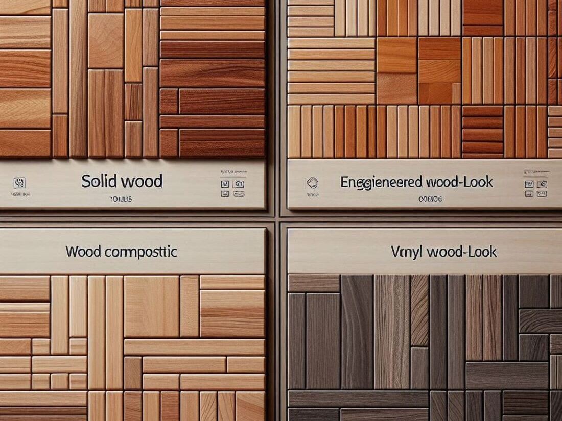 Showcasing the four common interlocking wood tile types solid wood, engineered wood, wood composite, vinyl wood-look