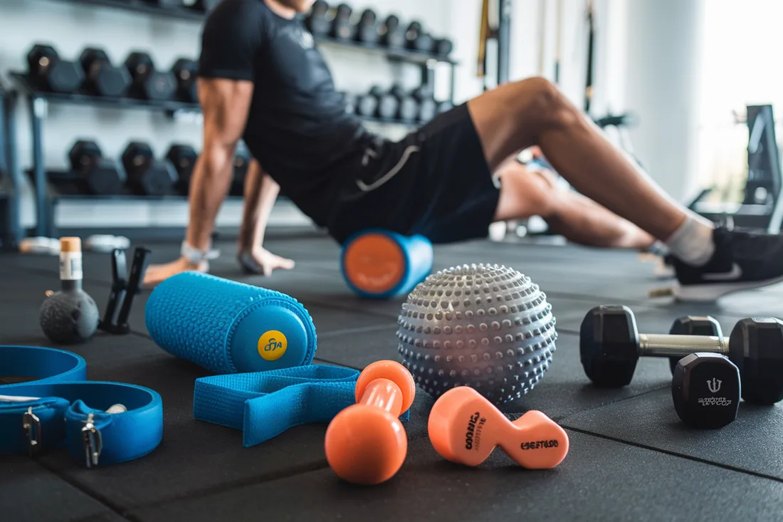 Showcasing various muscle recovery equipment laid out, such as a foam roller, massage ball, resistance bands, and dumbbells