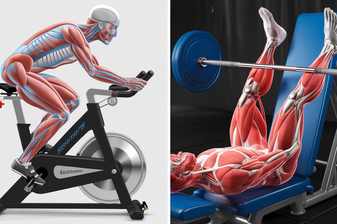 Side-by-side anatomical diagrams of the lower body, one for stationary bike use and one for leg press