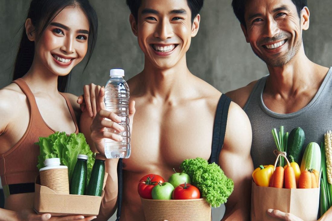 Smiling people holding healthy food