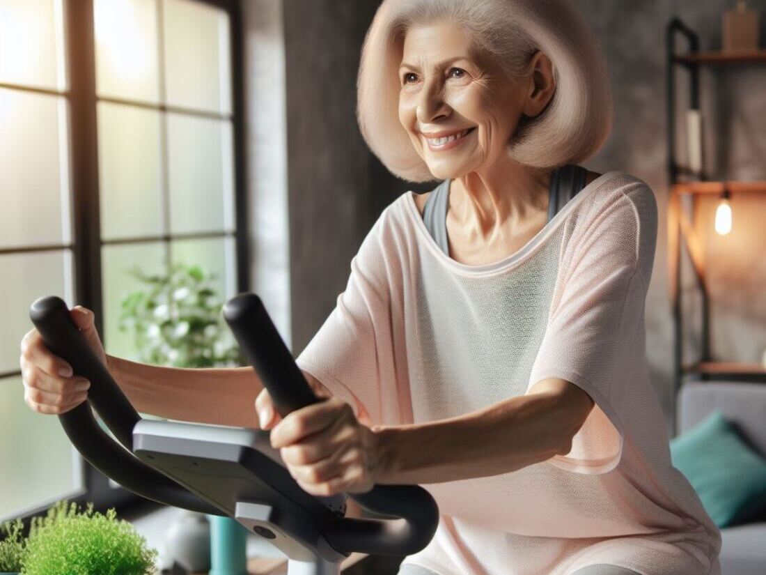 Smiling senior woman comfortably riding an upright exercise bike