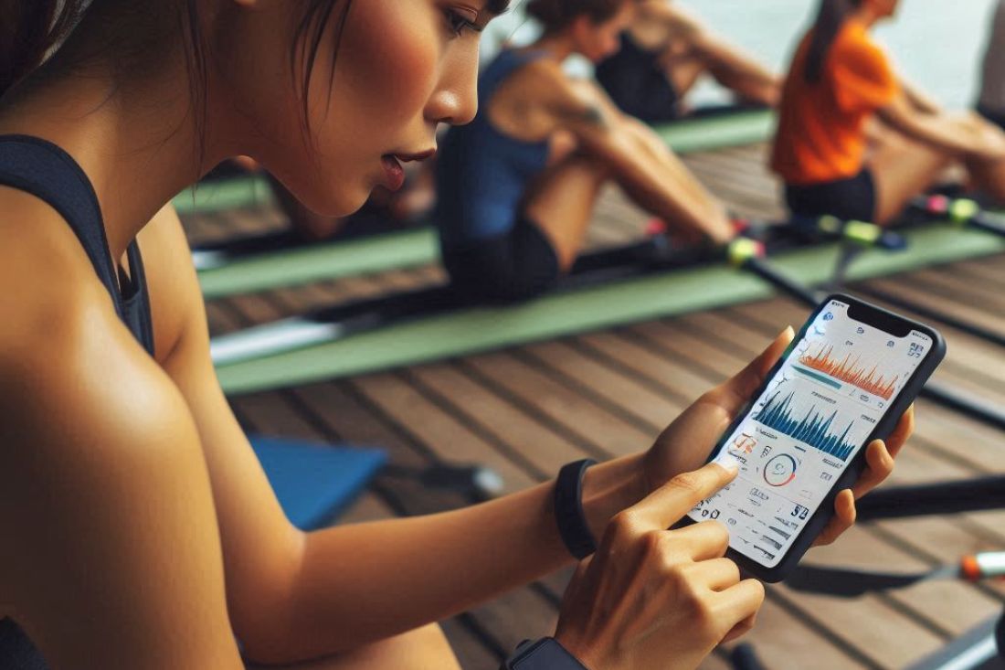 Someone analyzing their rowing data on a phone app