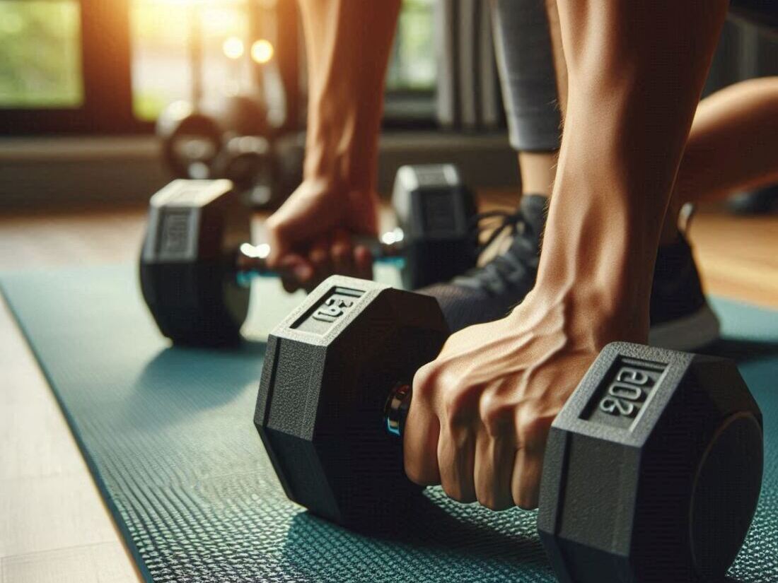 Someone performing dumbbell exercises on a workout mat with the use of rubber-coated dumbbells for reduced noise