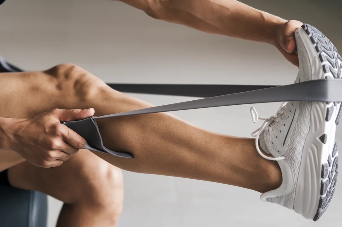 Someone using a resistance band to stretch their leg, representing the use of muscle recovery equipment for rehabilitation