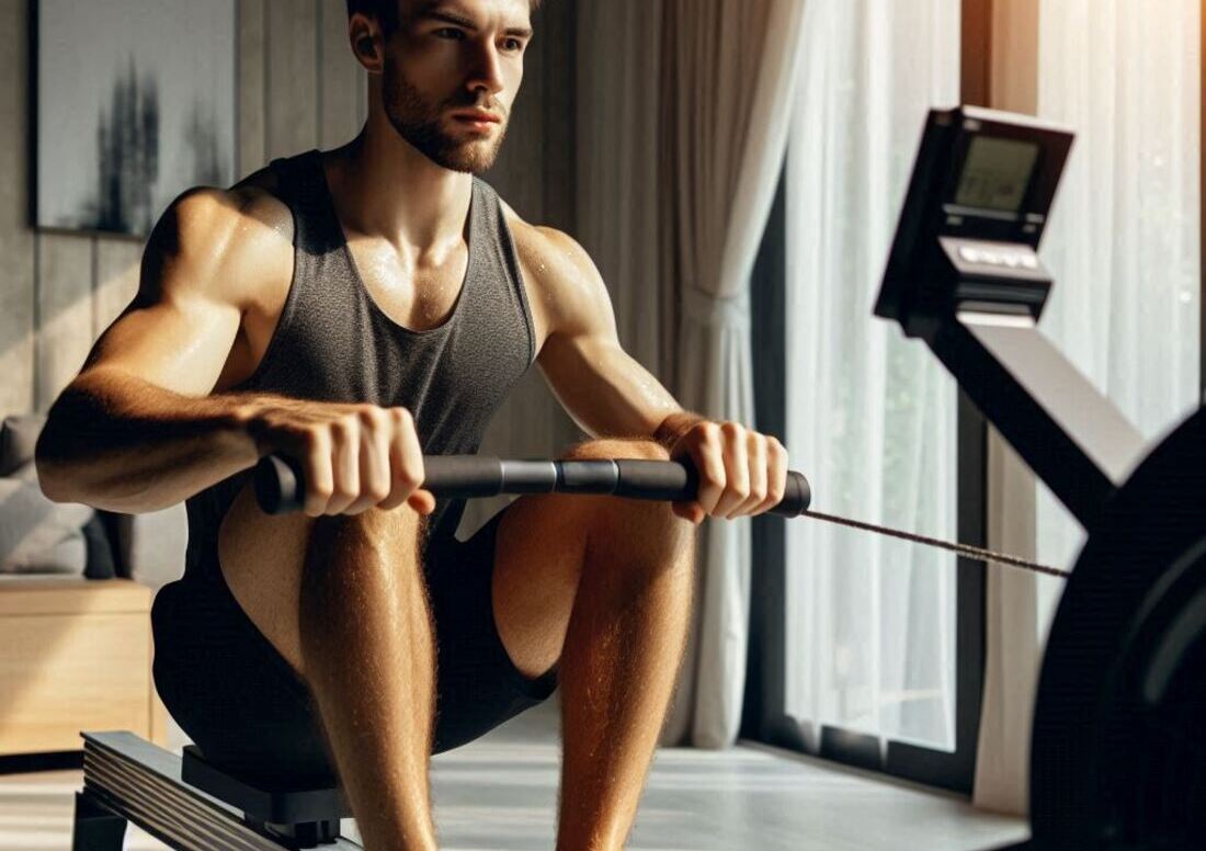 Someone using a rowing machine in a home gym setting