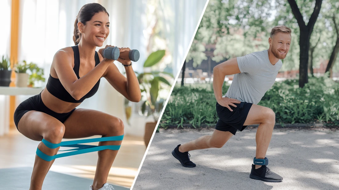 Split Image of a woman smiling and confidently performing a squat with a resistance band around her thighs and the other using ankle weight to perform a lunge