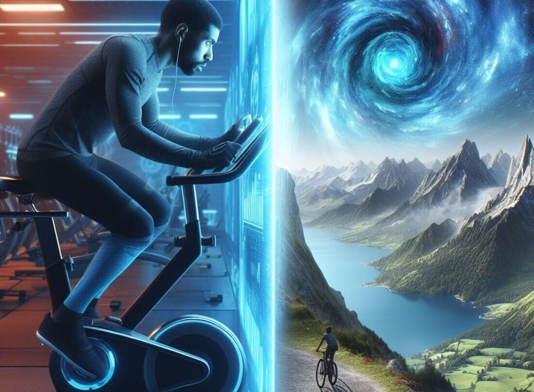 Split image showcasing a person cycling on a stationary bike and a breathtaking virtual landscape displayed