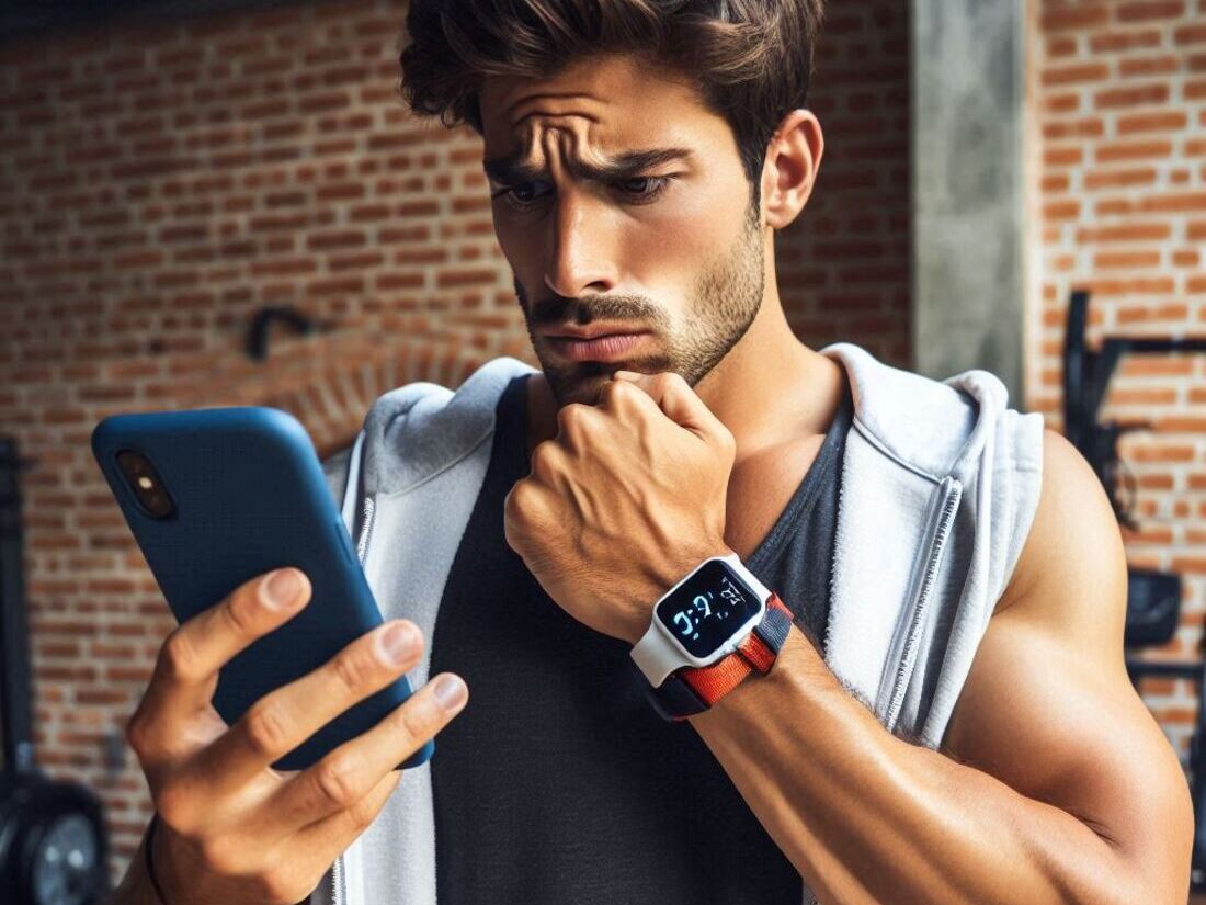 Sportsman looking confused while looking at phone with fitness app