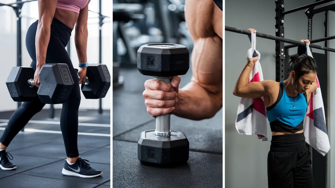 Grip strength exercises for dumbbell or sandbag training: farmer's walk, wrist curls, towel pull-ups