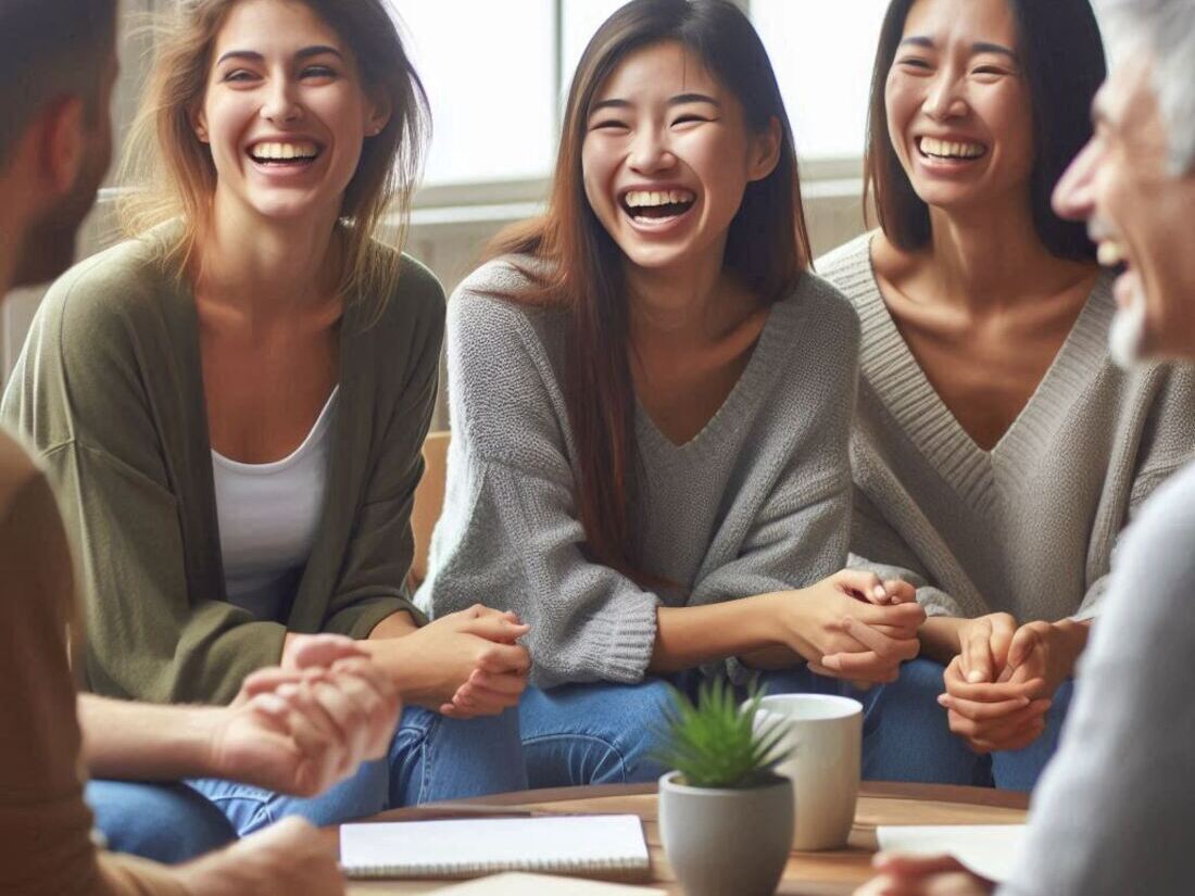 Support group meeting with people laughing and talking