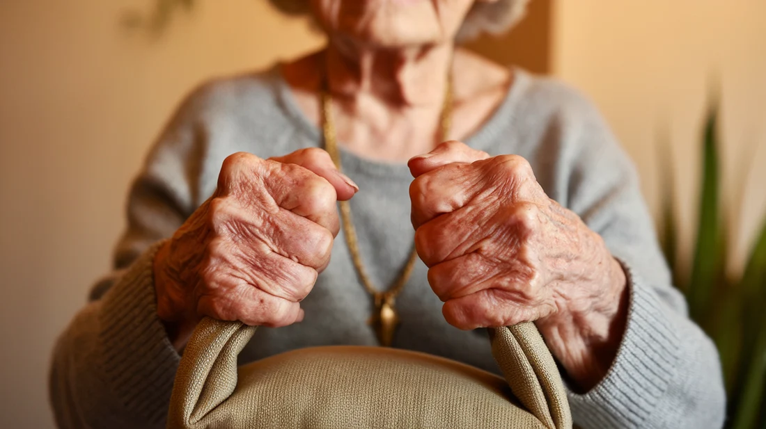 Close-up shot of a senior woman's hands gripping a sandbag