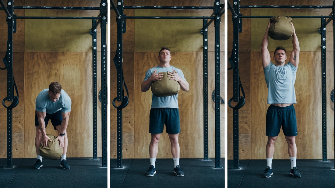 Three stages of a Sandbag Clean and Press