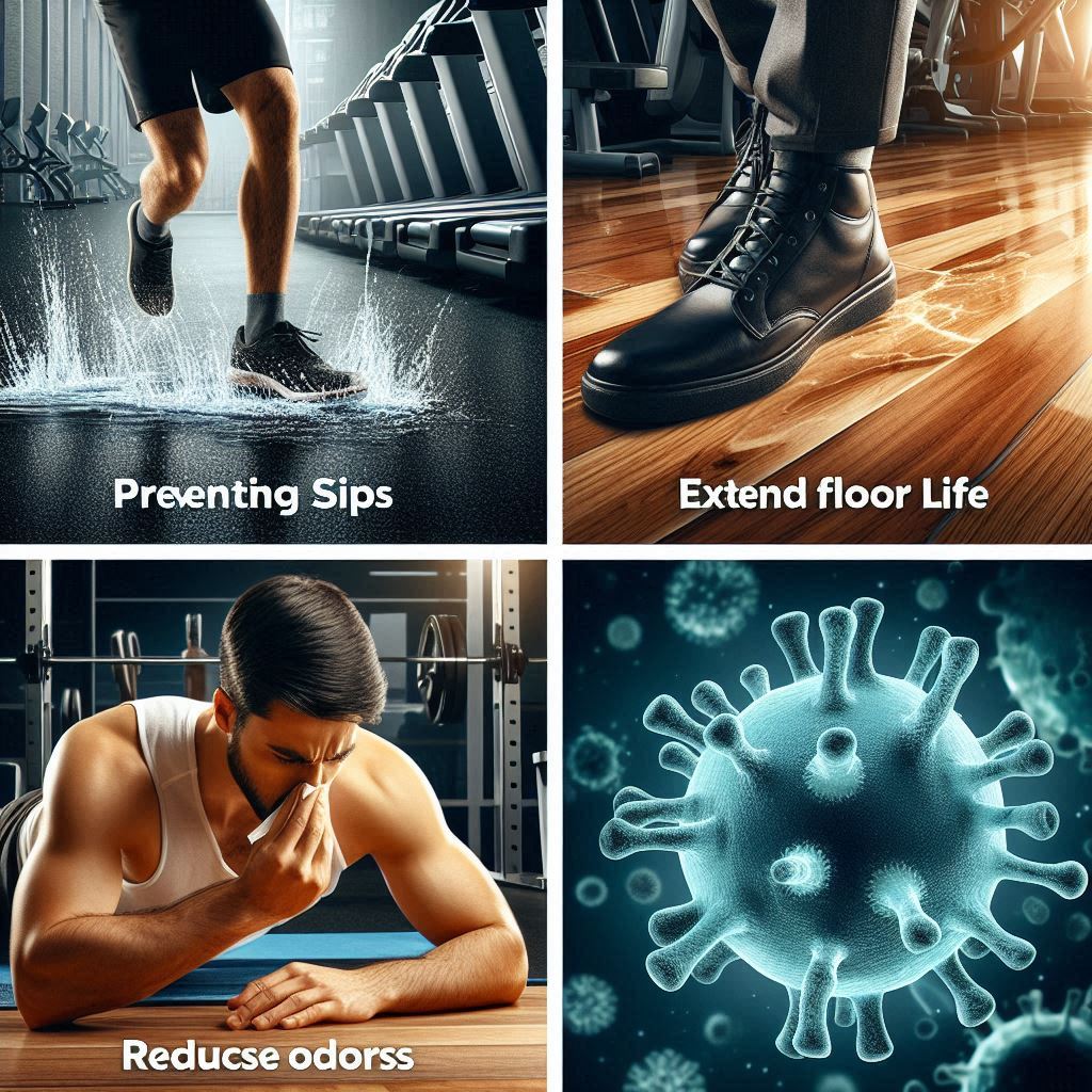 The four key benefits of cleaning your home gym floor, Preventing Slips, Extending floor life , Reducing odors and Hygiene