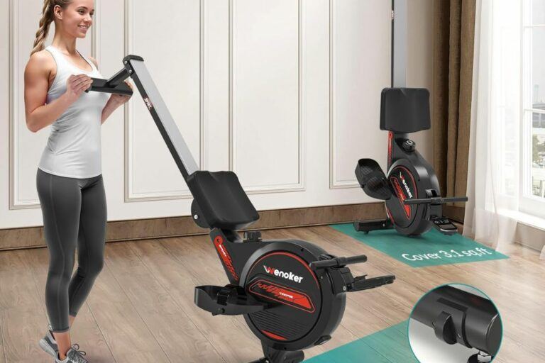 The rowing machine is portable and stored vertically against the wall in the background