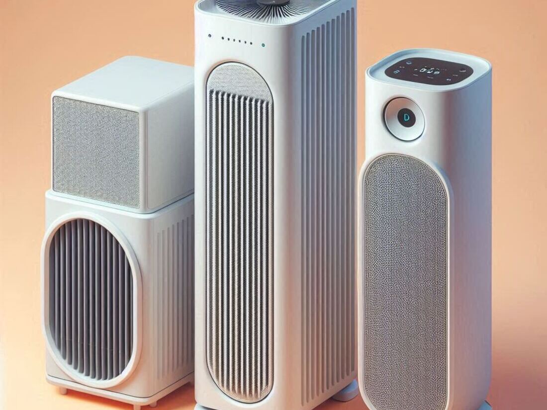 Three air purifiers of different sizes and styles tower, compact, and large positioned side-by-side