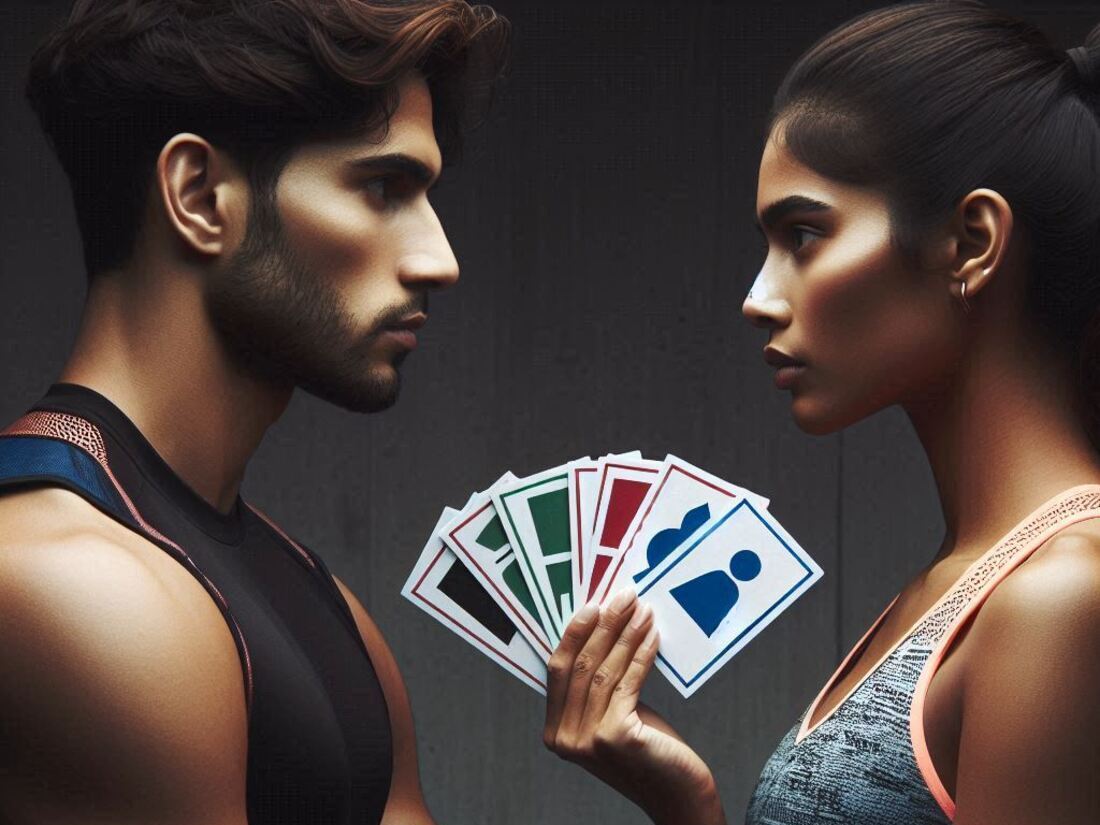 Two athletes facing each other, one holding flashcards with different shapes