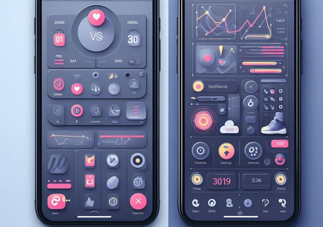 Two different phone interfaces of fitness apps One side clean, modern, and easy to navigate vs a cluttered and confusing app interface