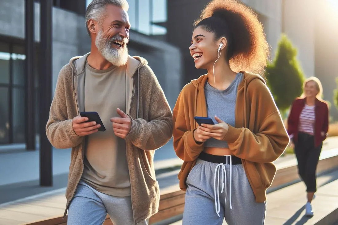 Two friends laughing and chatting showing that active recovery can be social and enjoyable