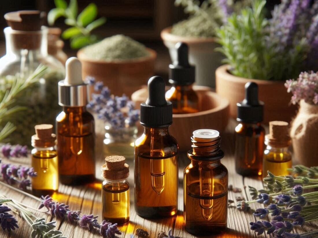 Various essential oil bottles with dropper tops arranged on a wooden table, with herbs like eucalyptus and lavender in the background