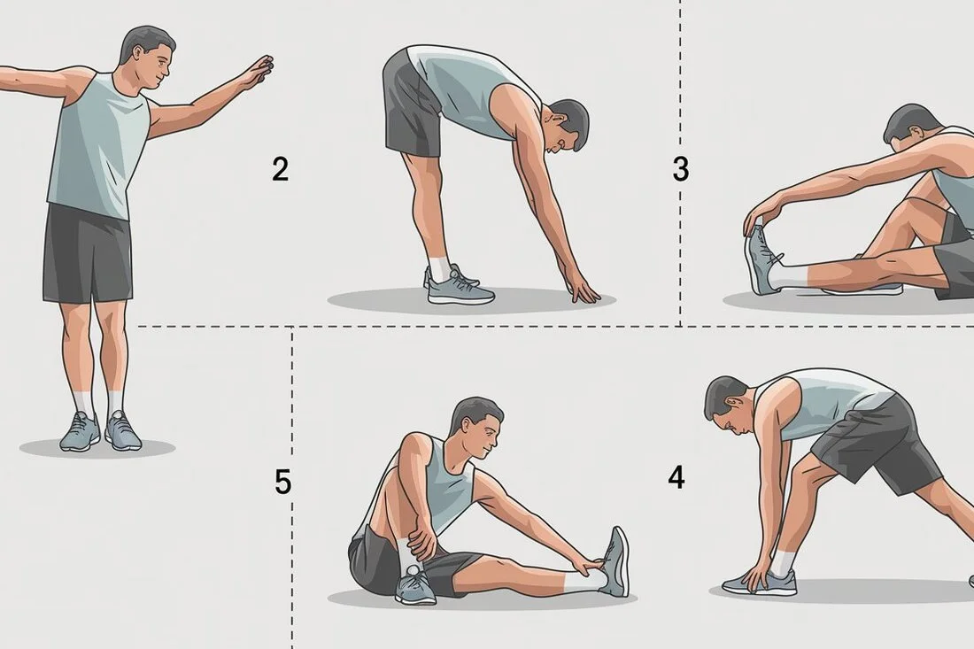 Visual illustrations or photos of a step-by-step stretching routine, focusing on major muscle groups