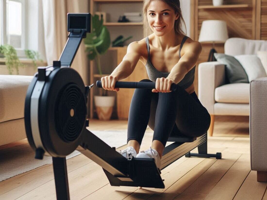 Woman doing a low-impact rowing workout at home