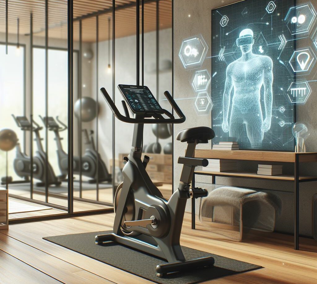 a modern home gym setting equipped with smart fitness equipment