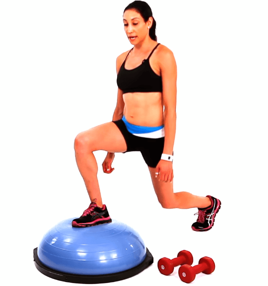 A person doing a lunge on a Bosu Ball