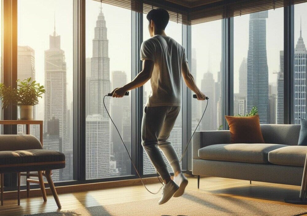 Image of person using jump rope in a living room with a view out of a window