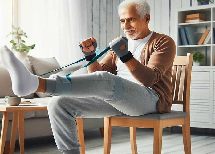 A senior seated on a chair doing leg raises with resistance bands.